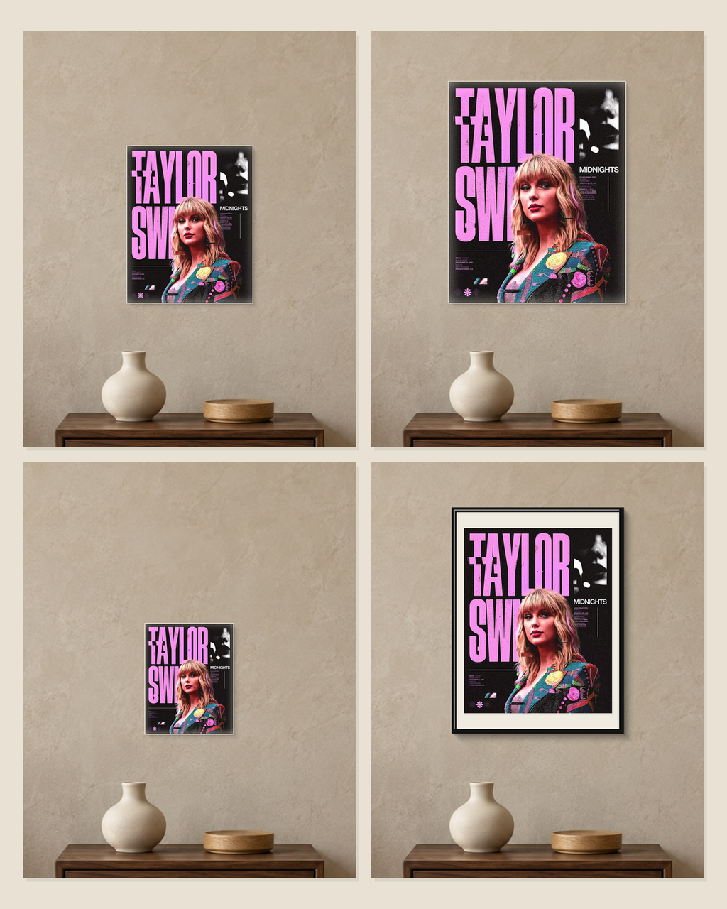 Taylor Swift — Midnights Magenta Poster — A5, A4, A3 and framed A4 size comparison collage