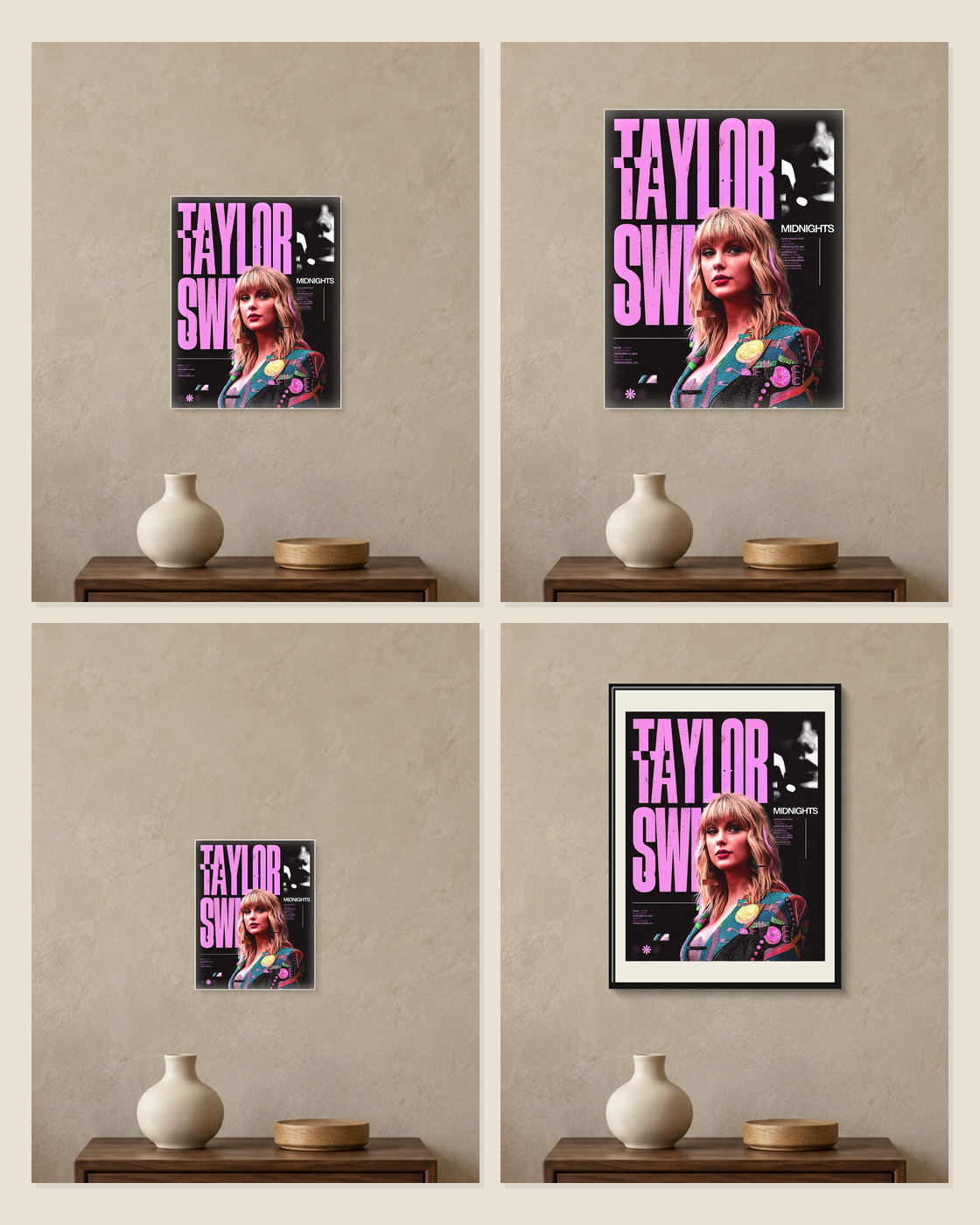 Taylor Swift — Midnights Magenta Poster — A5, A4, A3 and framed A4 size comparison collage