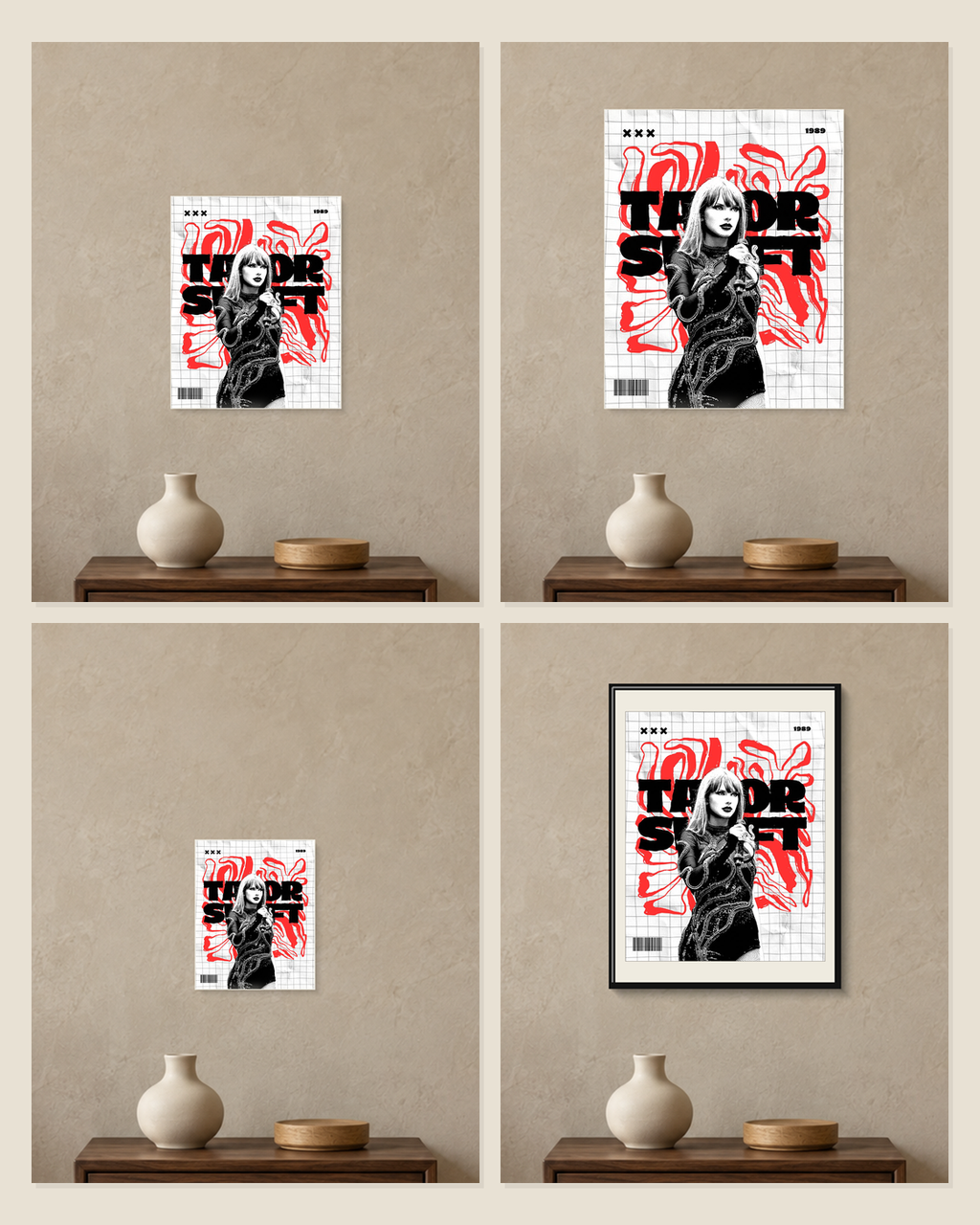 Taylor Swift — Red Grid Poster — A5, A4, A3 and framed A4 size comparison collage
