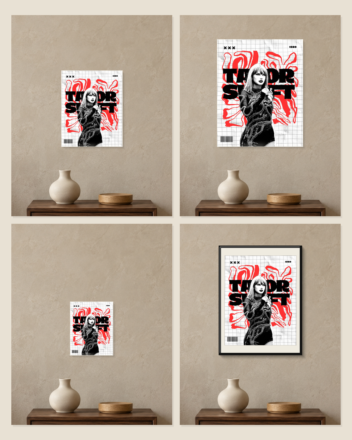 Taylor Swift — Red Grid Poster — A5, A4, A3 and framed A4 size comparison collage