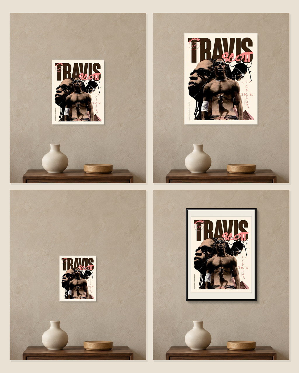 Travis Scott — Cactus Jack Collage Poster — A5, A4, A3 and framed A4 size comparison collage