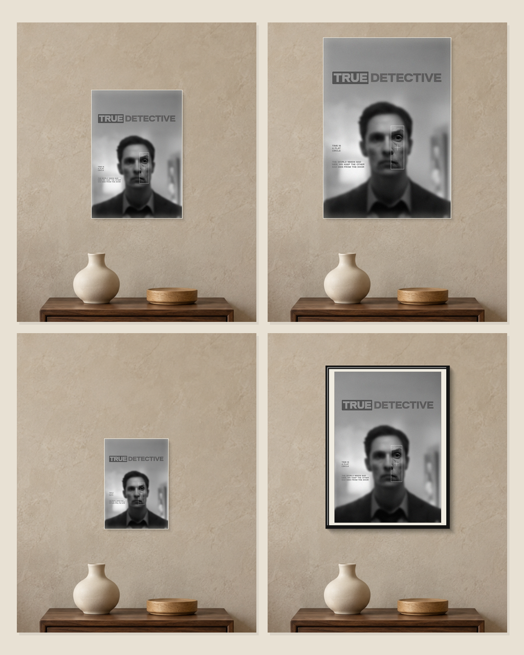 True Detective — Time Is a Flat Circle Poster — A5, A4, A3 and framed A4 size comparison collage