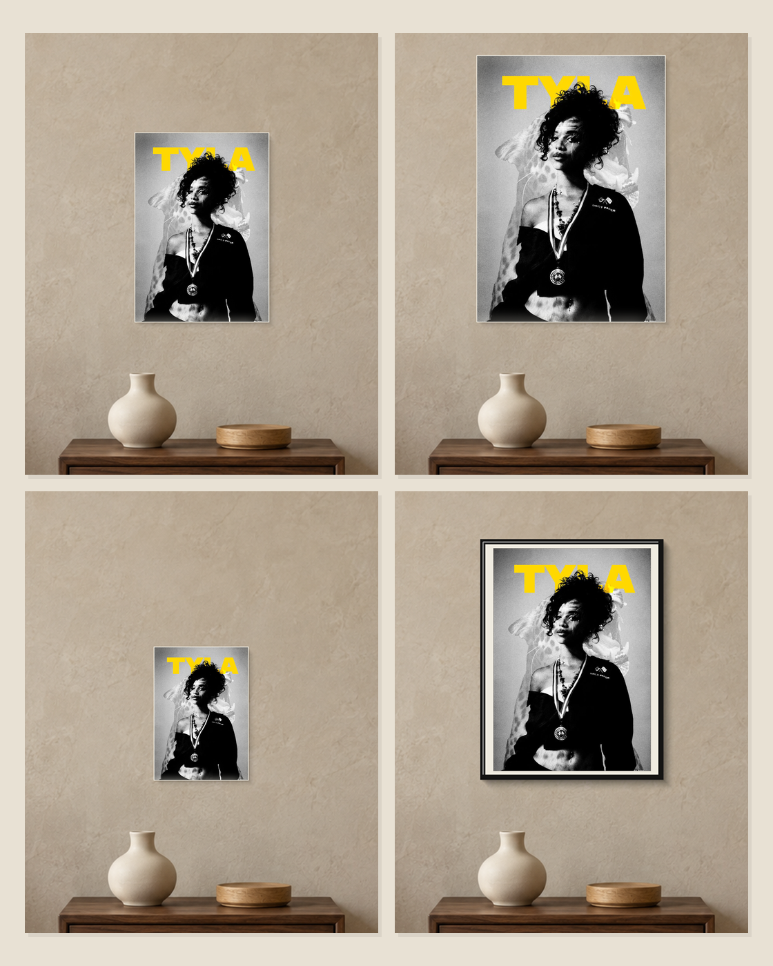 Tyla — Monochrome Portrait Poster — A5, A4, A3 and framed A4 size comparison collage