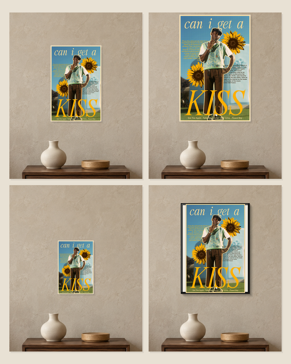 Tyler, the Creator — Flower Boy Kiss Poster — A5, A4, A3 and framed A4 size comparison collage