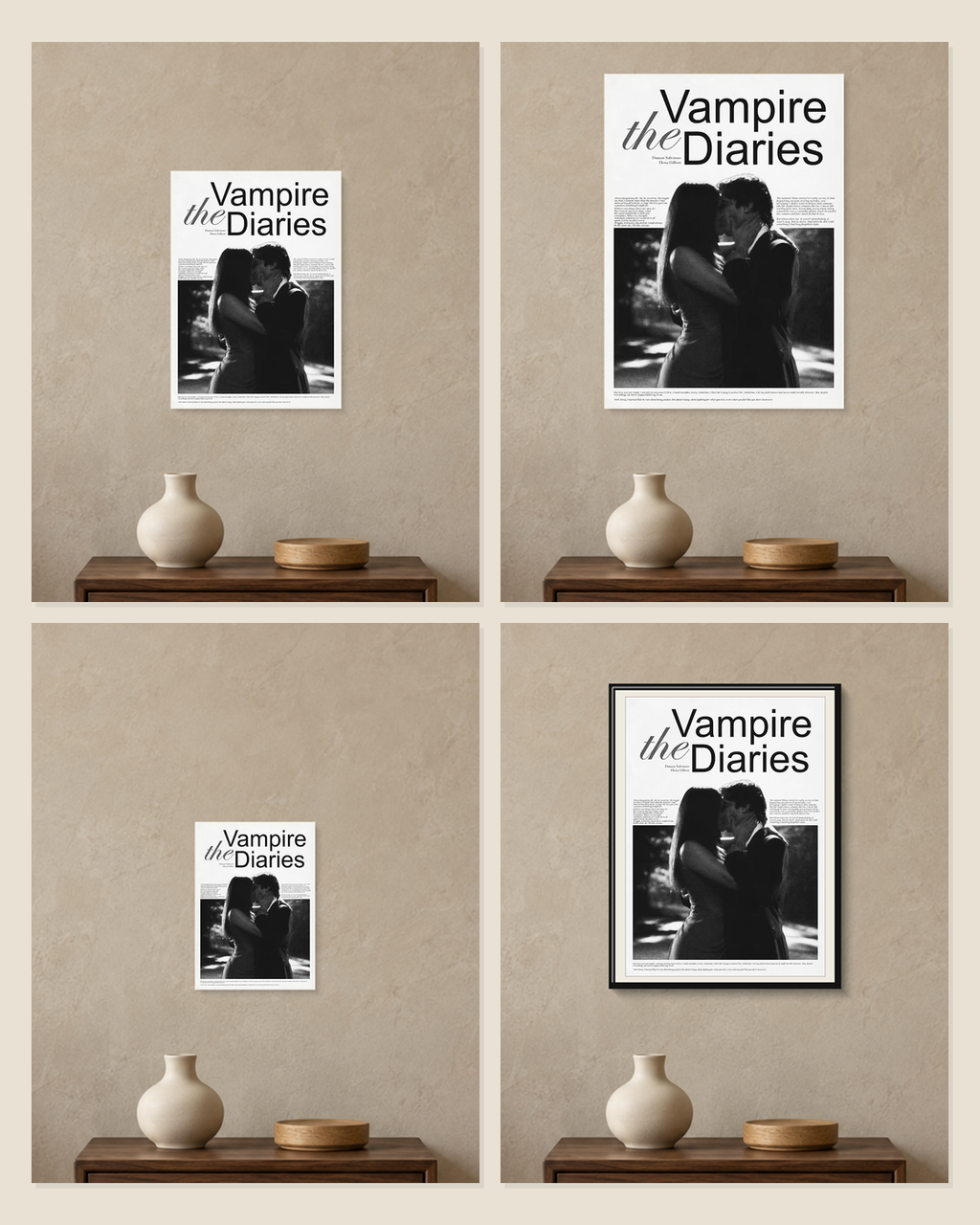The Vampire Diaries — Damon and Elena Poster — A5, A4, A3 and framed A4 size comparison collage