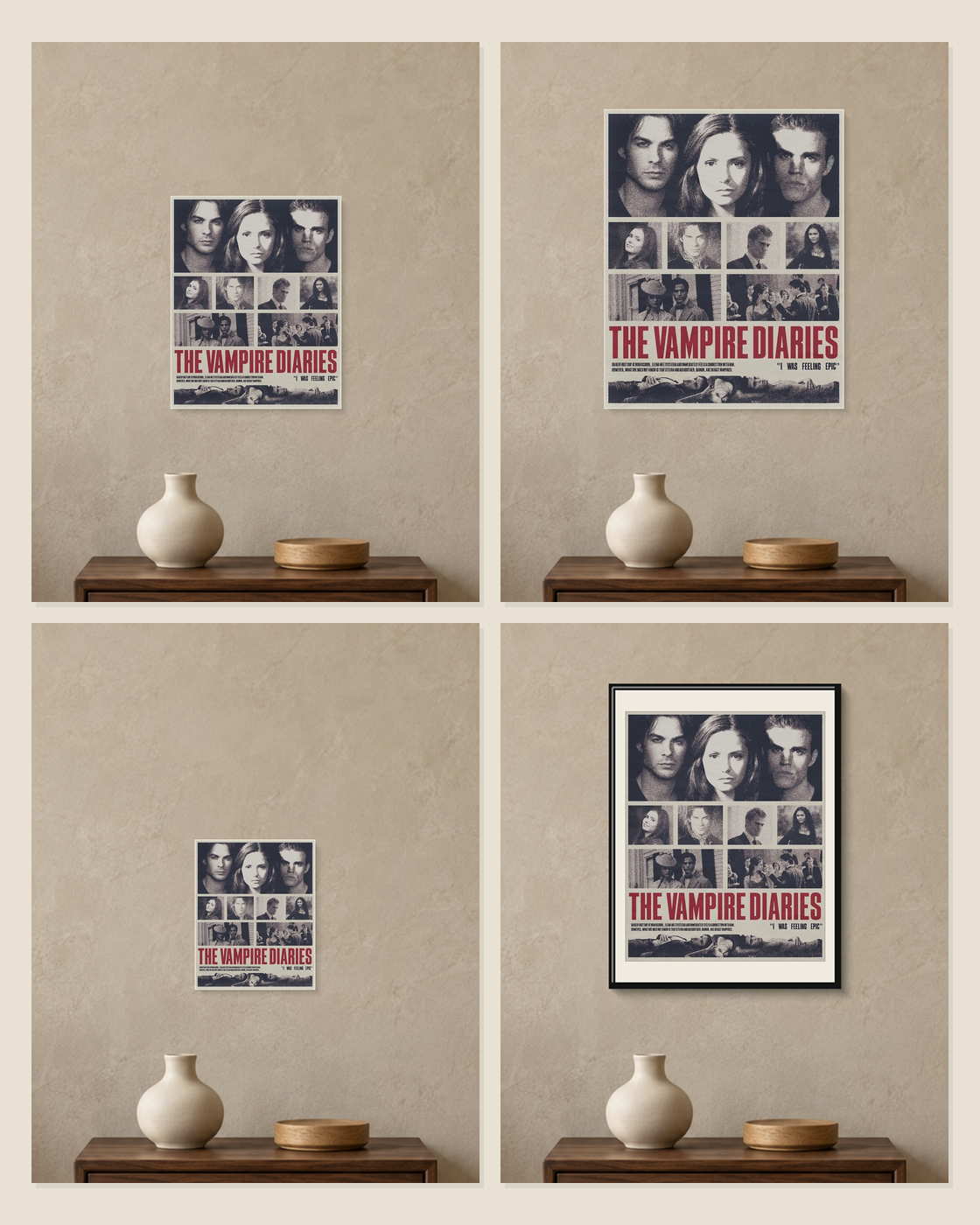 The Vampire Diaries — Newspaper Cast Poster — A5, A4, A3 and framed A4 size comparison collage