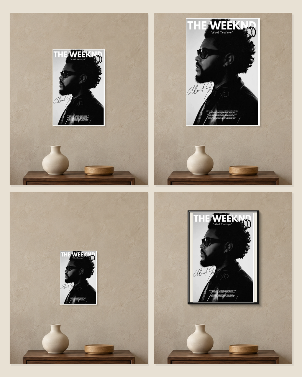 The Weeknd — Abel Tesfaye Monochrome Poster — A5, A4, A3 and framed A4 size comparison collage