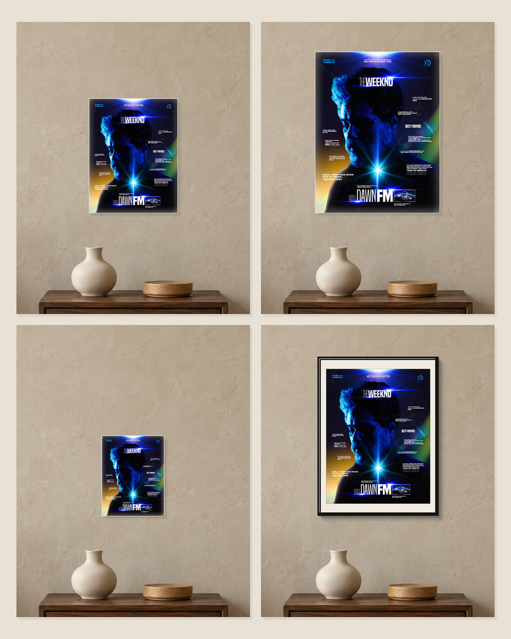 The Weeknd — Dawn FM Blue Poster — A5, A4, A3 and framed A4 size comparison collage