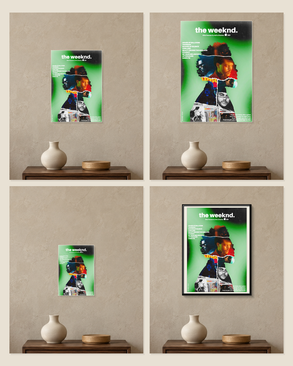 The Weeknd — This House Is Not a Home Poster — A5, A4, A3 and framed A4 size comparison collage