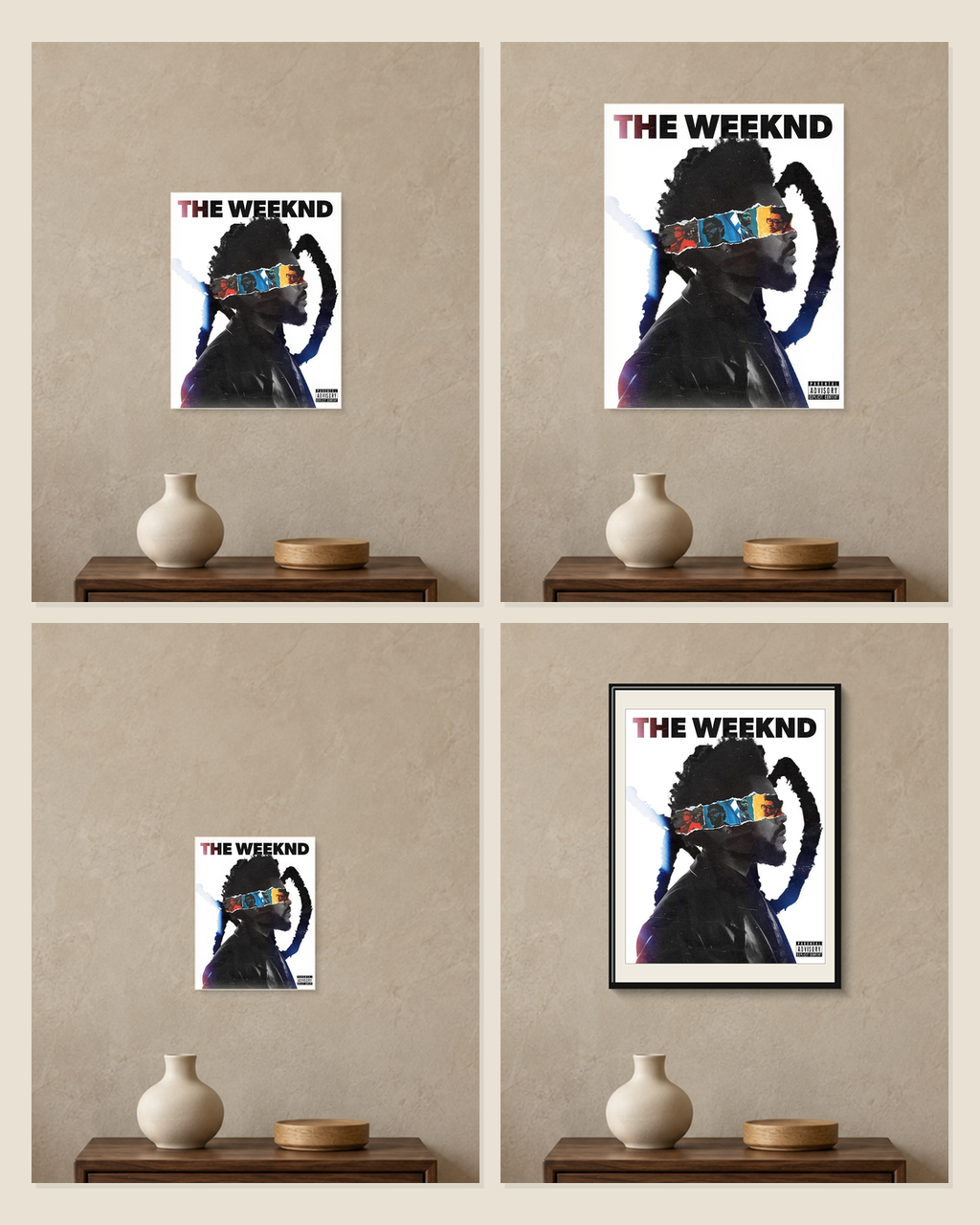 The Weeknd — Torn Timeline Poster — A5, A4, A3 and framed A4 size comparison collage