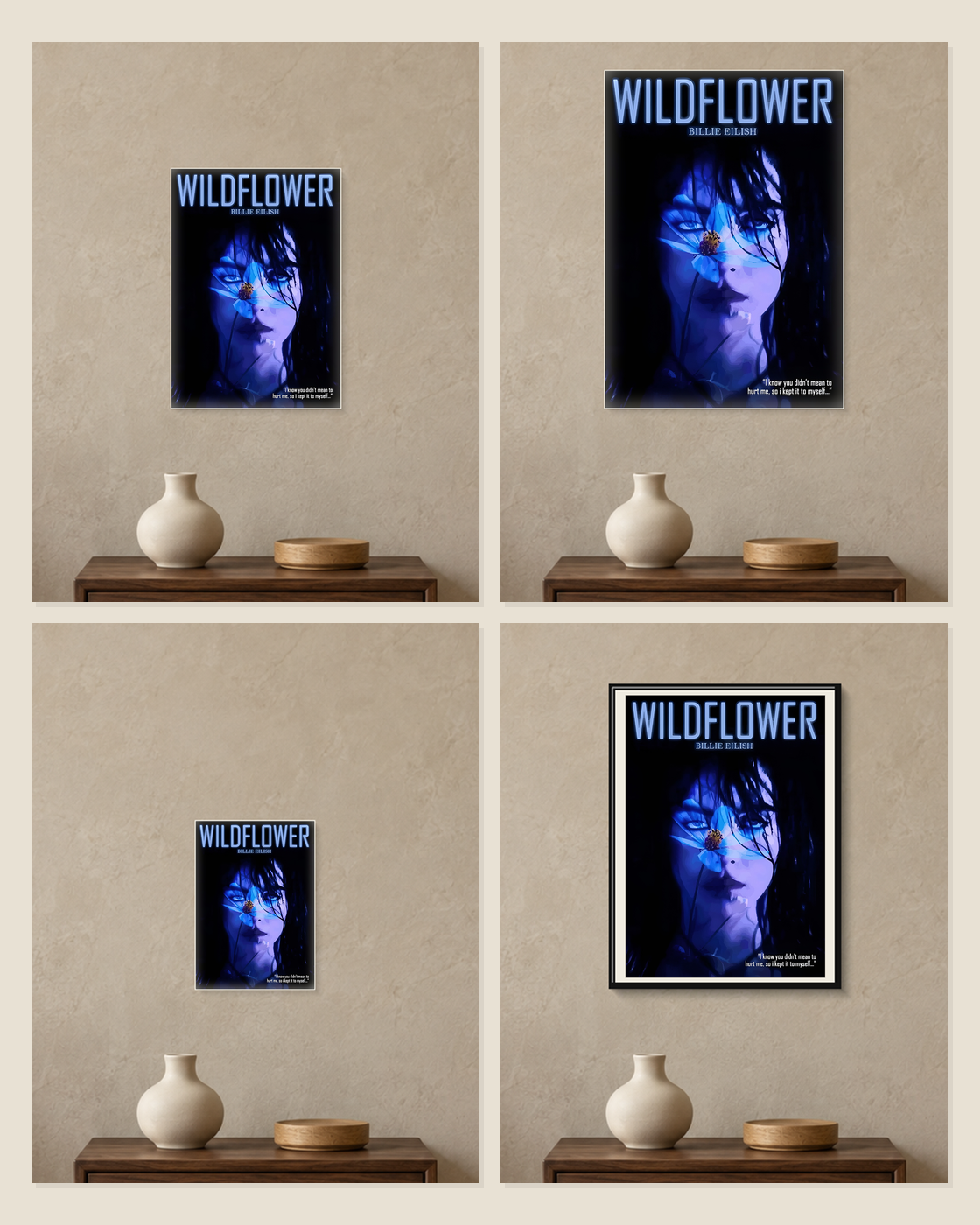 Billie Eilish — Wildflower Poster — A5, A4, A3 and framed A4 size comparison collage