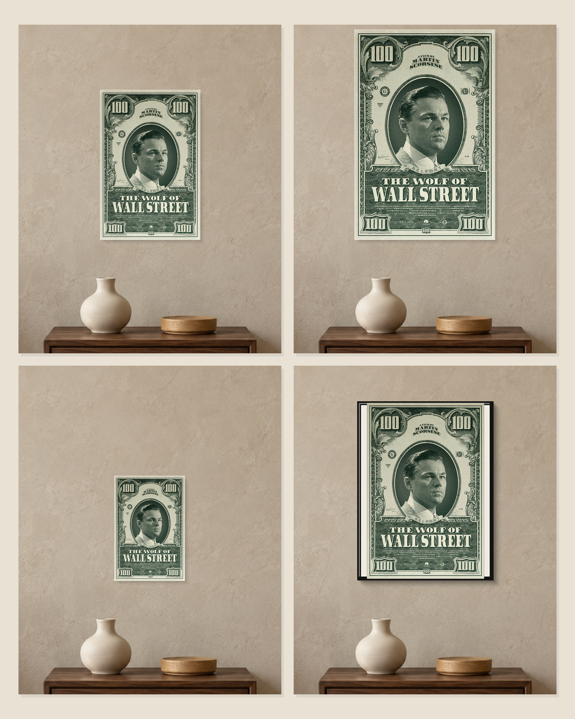 The Wolf of Wall Street — Hundred Dollar Poster — A5, A4, A3 and framed A4 size comparison collage