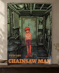 Chainsaw Man — In a Dream Poster poster artwork printed edge to edge on a warm neutral wall above a walnut console