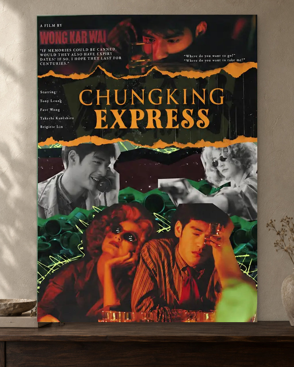 Chungking Express — Midnight Memories Poster poster artwork printed edge to edge on a warm neutral wall above a walnut console