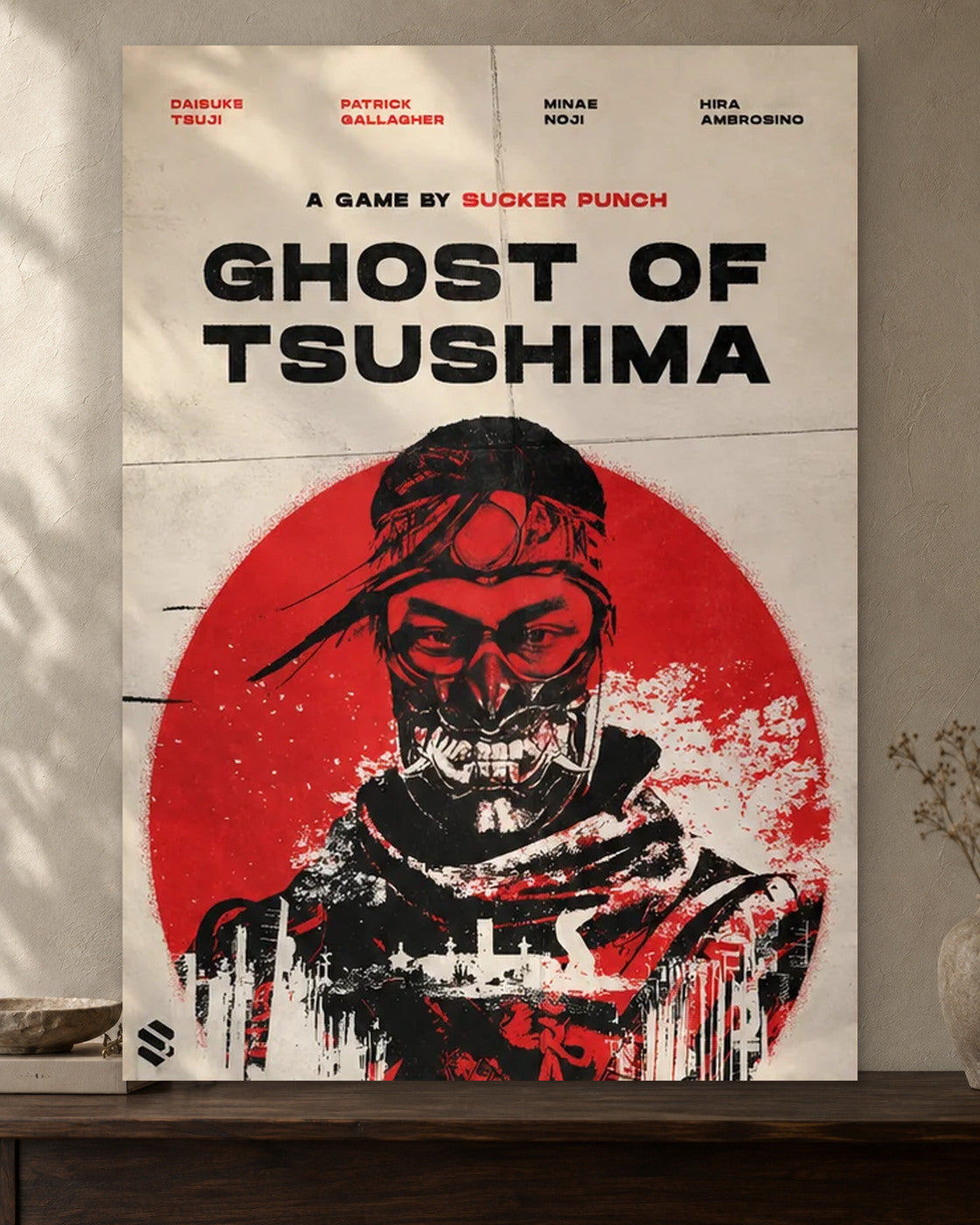 Ghost of Tsushima — The Ghost Poster poster artwork printed edge to edge on a warm neutral wall above a walnut console