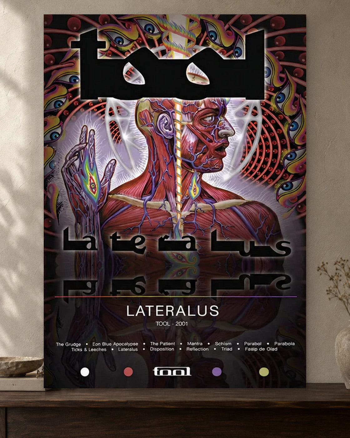 TOOL — Lateralus Poster poster artwork printed edge to edge on a warm neutral wall above a walnut console