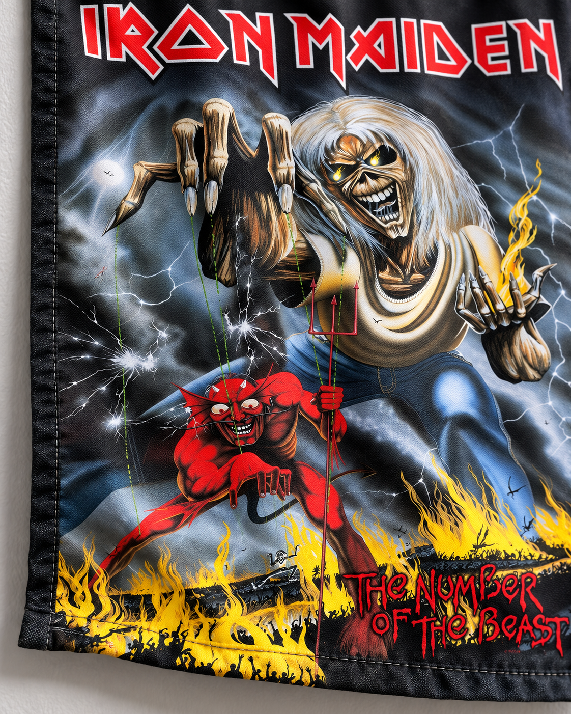 Iron Maiden The Number of the Beast tapestry fabric close-up